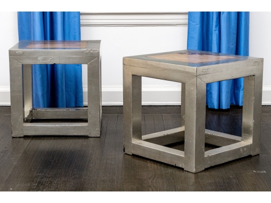 Pair Of Silvered Wood And Stone Top Accent Tables