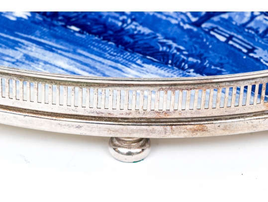 Vintage Silverplate And Blue And White Porcelain Tray