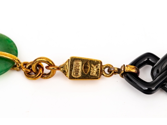 Trio 14k Yellow Gold Beautiful Vintage Nephrite Jade And Black Onyx Link Necklace