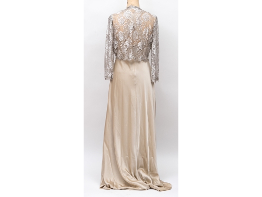 Fantastic Calvin Klein Beige Evening Gown With Lace Shoulder Cover, Size 12