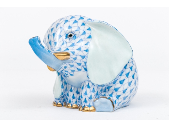 Herend Hungary Hand-Painted Porcelain Elephant, Blue Fishnet Pattern, First Edition