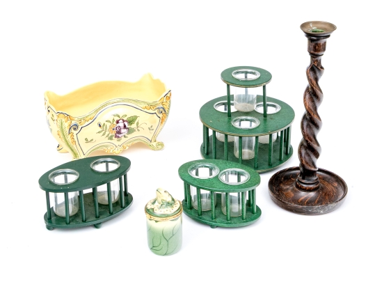 Collection Of Table Top Wares, Including French Planter With Oak Barley Twist Candlestick