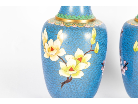 Pair Of Vintage Chinese Cloisonné Enamel Vases With Cherry Blossom Motif