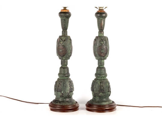 Pair Of Asian-Style Verdigris Metal Table Lamps