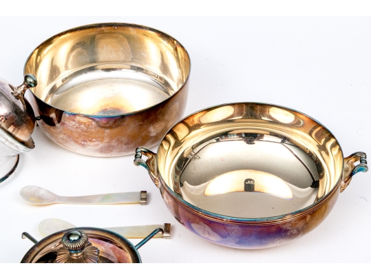 Associated Set Of Two Silver Plated And Glass Caviar Servers With Two Mother Of Pearl Spoons