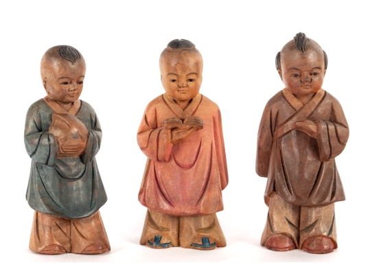Set Of Three Hand-Carved Asian Wooden Figures