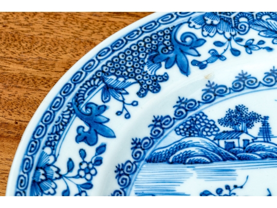 Set Of Seven Antique Chinese Export Blue And White Canton Pattern Porcelain Plates