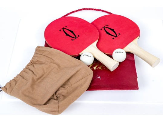 Pair Of Vintage Cartier Ping Pong Paddles And Balls 