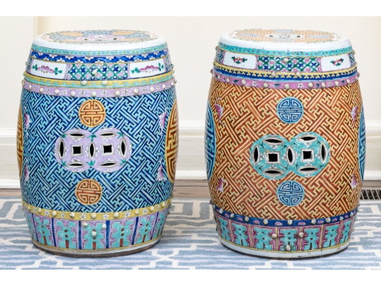 Two Chinese Famille Rose Enameled Porcelain Garden Stools