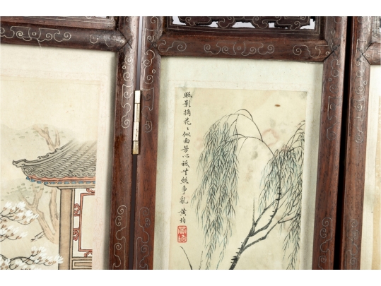 Vintage Chinese Folding Table Screen With Hand-Painted Scenes