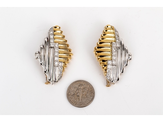 Michael Bondanza Platinum, 18k And Diamond Pair Of Opposing Deco Style Brooches, App. 1.20 TCW