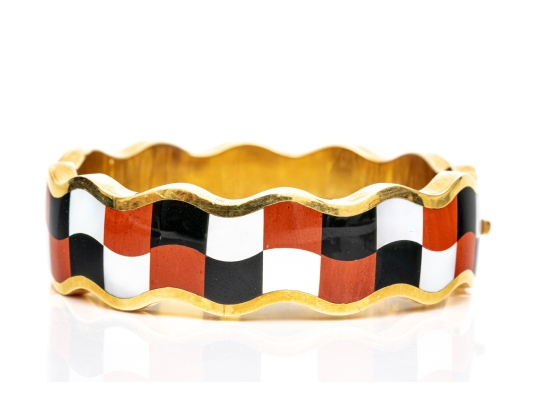 Tiffany & Co. 18k Yellow Gold Angela Cummings Wonderful Inlaid Wave Bangle, With Box