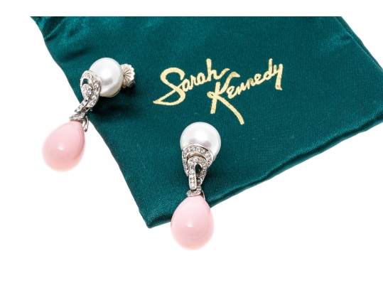 14k Yellow Gold Stunning White South Sea Pearl And Pink Peach Coral Drop Earrings