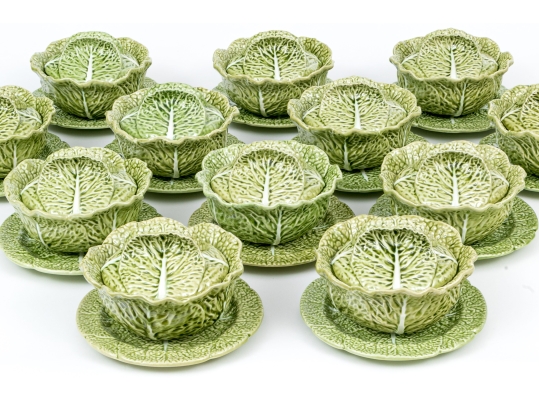 Set Of Twelve Portuguese Bordallo Pinheiro Hand-painted Cabbage Form Tureens With Underplates