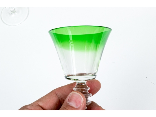 Set Of Fifteen Green Trimmed Stemware