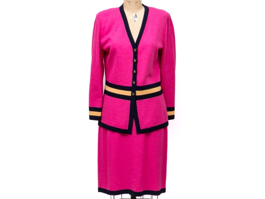St. John Pink And Navy Blue Cardigan And Skirt Suit, Size 12