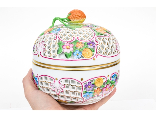 Herend HUngary Hand-Painted Reticulated Floral Decorated Bonbonniere