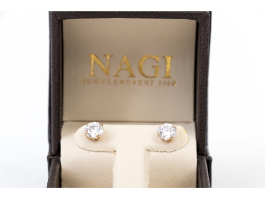 Pair Of 14K Yellow Gold And CZ Earrings, Boxed