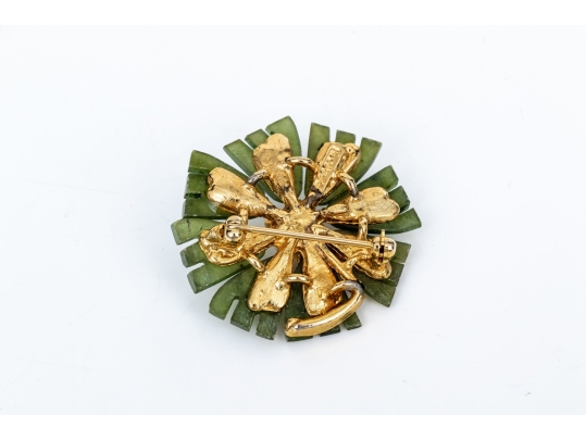 Vintage Synthetic Nephrite And Cultured Pearl Flower Motif Costume Jewelry Brooch