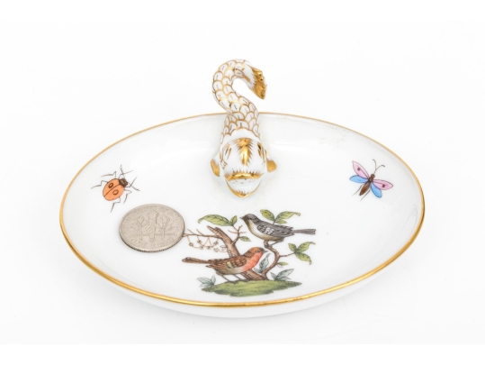 Herend Hungary Hand-Painted Porcelain Dish With Dolphin Handle, Rothschild Bird Pattern (RO)