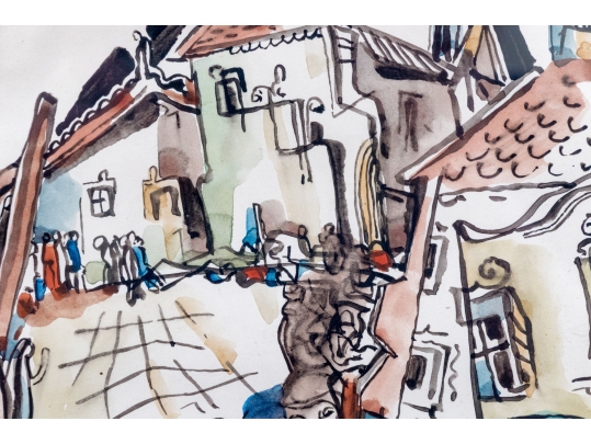 Béla Kádár (Hungarian, 1877-1956) Watercolor On Paper, Figures And Town