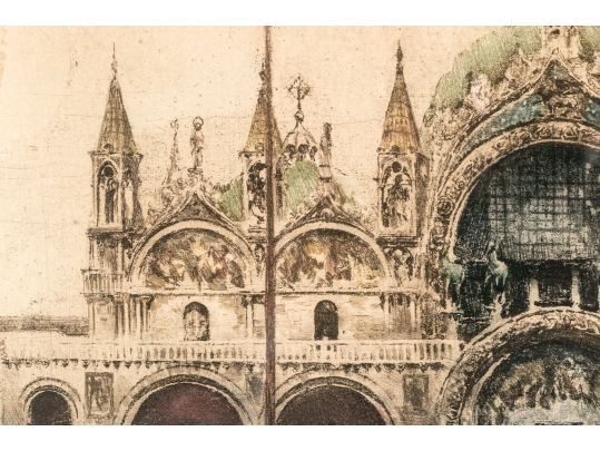 J. Wolf, Signed Hand Colored Etching, St. Mark's Basilica, Piazza San Marco Venice 