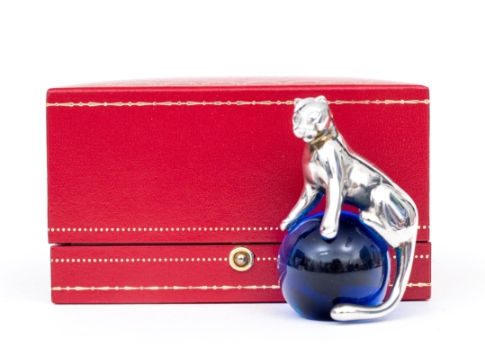 Cartier Sterling Silver Panther And Crystal Ball Paperweight, With Box