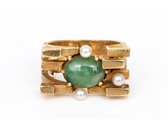 10k Yellow Gold Vintage Brutalist Style Nephrite Jade And Seed Pearl Set Ring, Size 4.75