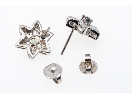 14K White Gold Cluster Earrings Green Spinel And White Zirconia