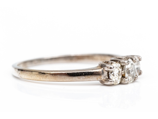 14k White Gold Three Stone Oval Moissanite Ring, Size 6.5