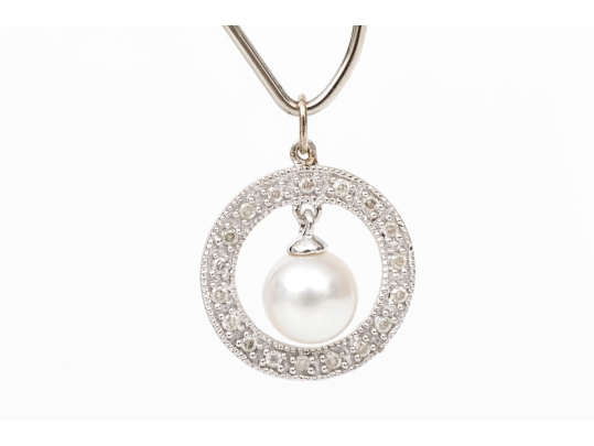 14k White Gold Pretty Diamond Halo And Cultured Pearl Set Pendant, App. 0.09 TCW