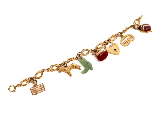 14k Yellow Gold Fun Rope Motif Vintage Charm Bracelet, With 14k And 9k Assorted Charms