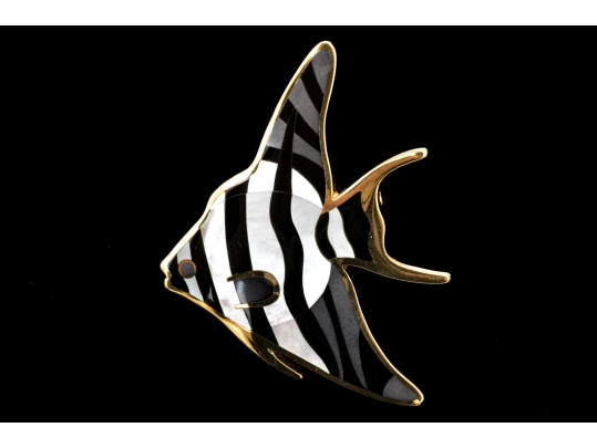 Tiffany & Co. 18k Yellow Gold Angela Cummings Stunning Inlaid Angel Fish Brooch, With Box