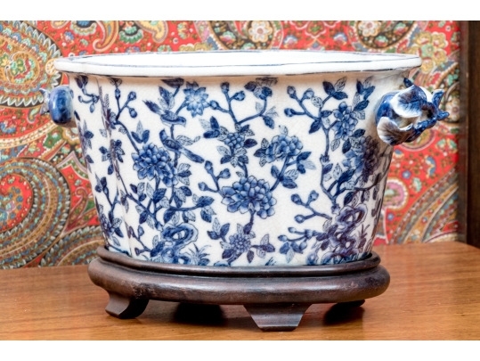 Decorative Chinese Export Style Twin Handled Jardiniere With Wood Stand