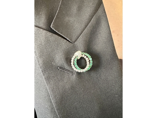 14k White Gold Fabulous Emerald And Diamond Double Circle Brooch