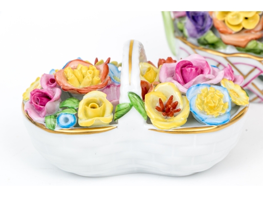 Two Herend Hungary Hand-Painted Porcelain Vibrant Floral Baskets 