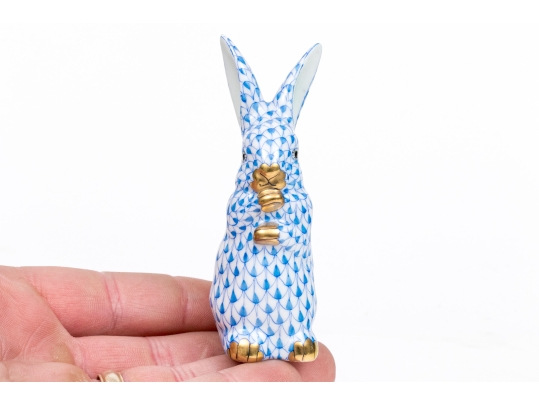 Herend Hungary Hand-Painted Porcelain Rabbit, Blue Fishnet Pattern