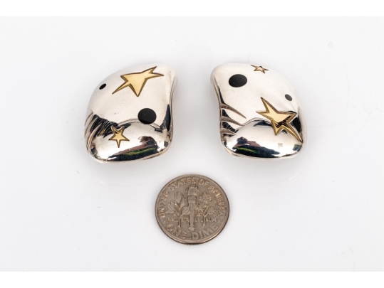 Michael Bondanza Sterling And 18k Fun Vintage Star And Black Onyx Inlay Chunky Earrings