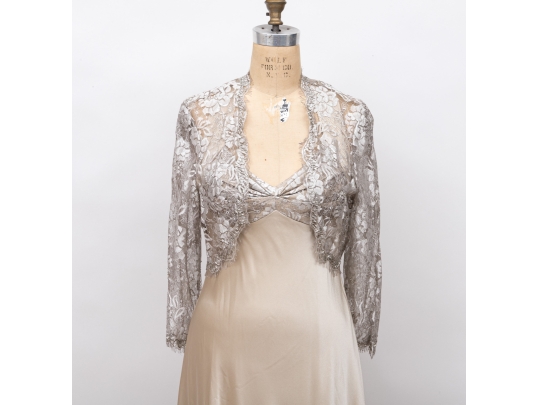 Fantastic Calvin Klein Beige Evening Gown With Lace Shoulder Cover, Size 12