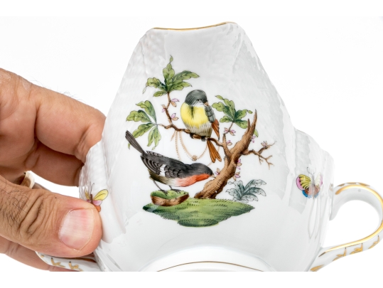 Herend Hungary Hand-Painted Porcelain Gravy Boat, Underplate And Ladle, Rothschild Bird (RO) Pattern