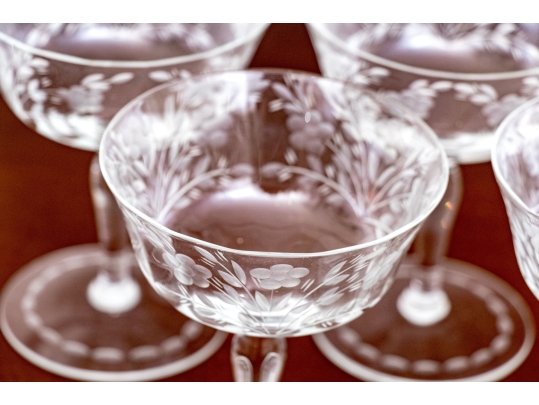 Set Of Six Elegant Etched Glass Champagne Coupes
