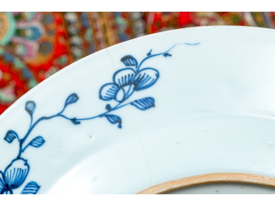Set Of Seven Antique Chinese Export Blue And White Canton Pattern Porcelain Plates