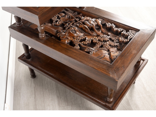 Mid-20th Century Chinese Hand-Carved Tiered Side Table With Figural Panels