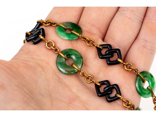 Trio 14k Yellow Gold Beautiful Vintage Nephrite Jade And Black Onyx Link Necklace