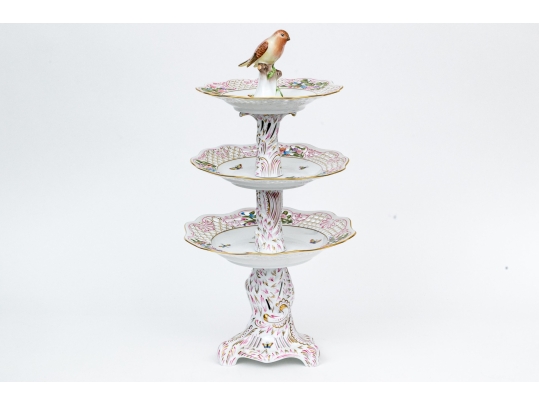 Rare, Exceptional Herend Hungary Hand-Painted Porcelain Three-Tier Server, Rothschild Bird Pattern