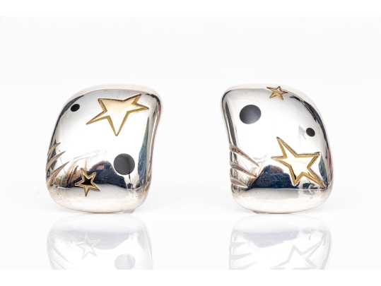 Michael Bondanza Sterling And 18k Fun Vintage Star And Black Onyx Inlay Chunky Earrings