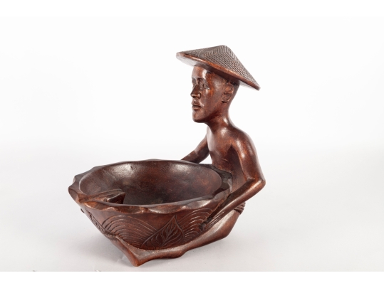 Carved Wooden Asian Figure Bowl