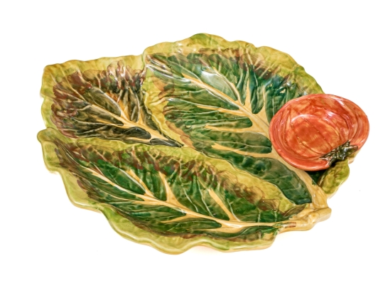 Italian Hand-Painted Ceramic Chip And Dip Leaf Form Bowl