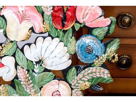 Antique Whimsical Hand-painted Tole Floral Bouquet Form Easel Back Fire Screen