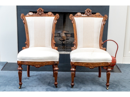 Pair Of Renaissance Revival Custom Upholstered Walnut Accent Chairs